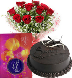 send 500gms Chocolate Truffle Cake N Red Roses Bouquet N Cadbury Celebrations Gifts Box delivery